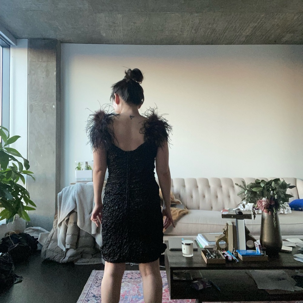 Na Nin Vintage Black Party Dress with Feather Sleeves Cocktail Dress